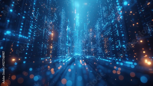 A 3D illustration of big data technology, featuring a complex HUD interface with shimmering blue and silver tones. The scene is illuminated with edge lighting, creating a sacred film effect that