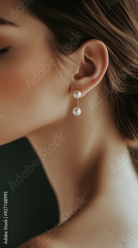 A close-up of a woman wearing elegant pearl drop earrings in a soft-lit setting photo