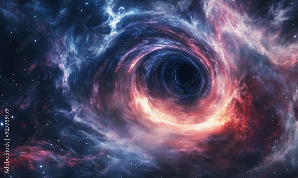 A large hole in the sky with stars surrounding it. The hole is surrounded by a bright orange and red cloud A large hole in the sky with stars surrounding it. The hole is surrounded by a bright orange and red cloud