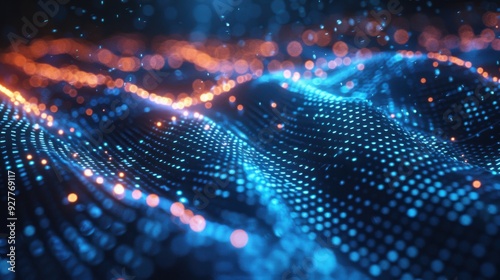 An 8K, high-quality 3D illustration of a big data landscape, featuring a HUD display with glowing blue and silver data points. The abstract, futuristic design is enhanced by edge lighting and a