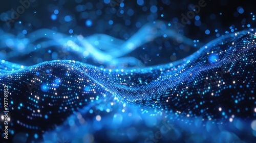 An 8K, high-quality 3D illustration of a big data landscape, featuring a HUD display with glowing blue and silver data points. The abstract, futuristic design is enhanced by edge lighting and a