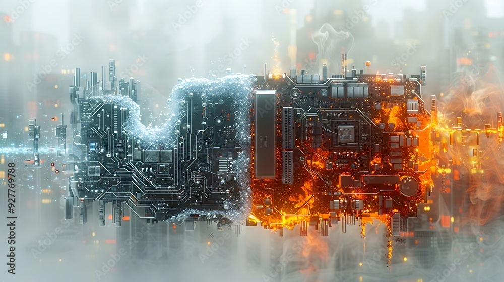 Surreal CPU divided into two halves, one side icy blue and the other fiery orange, double exposure, white background, cold and warm lights illuminating intricate details, hd quality. --ar 16:9 --v 6. Surreal CPU divided into two halves, one side icy blue and the other fiery orange, double exposure, white background, cold and warm lights illuminating intricate details, hd quality. --ar 16:9 --v 6.