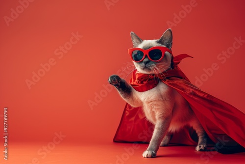 Superhero in Disguise: A Siamese cat, adorned in a scarlet cape and matching sunglasses, strikes a heroic pose against a vibrant red backdrop.  