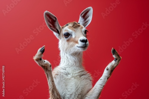 Gazelle in Red: A curious and playful gazelle with a unique pose, captured in a vibrant red background. The image evokes a sense of whimsy and wonder, perfect for projects that need a touch of the unu photo