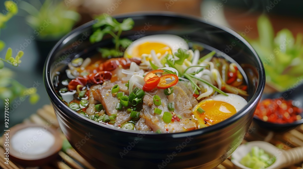 Ramen soup cooked with pork egg vegetables Ramen soup cooked with pork egg vegetables