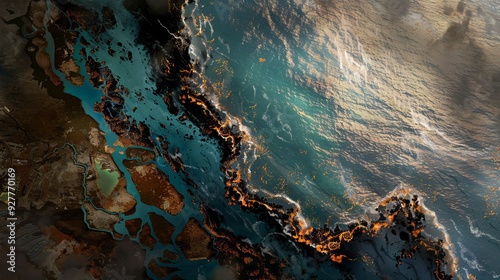 Wallpaper Mural Overhead Illustration of Sprawling Oil Spill Approaching Coastal Shores. Torontodigital.ca