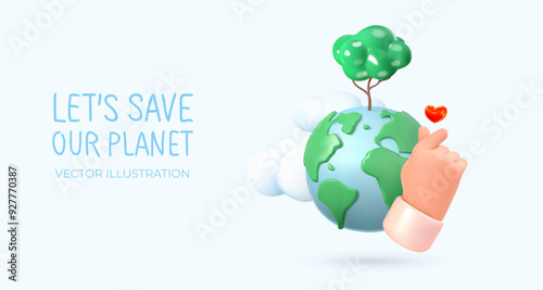 Planet earth with growing tree and hand showing heart. Globe, earth sphere in realistic 3d style. Vector illustration