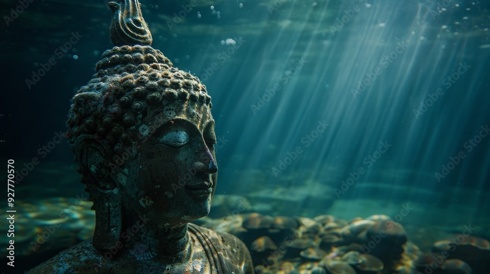Fototapeta premium Underwater Buddha Statue Enveloped in Marine Life and Ecosystem Unity