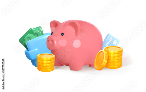 Piggy bank piggy with coins and cash. Concept of accumulation, saving and earning money. Vector illustration