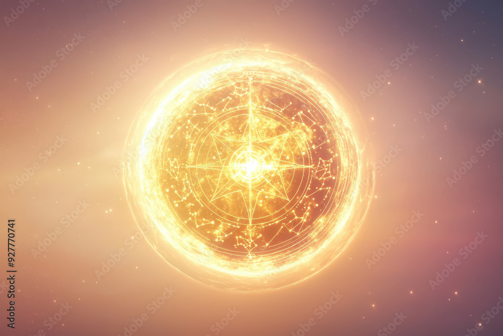 Obraz premium Zodiac sign glowing inside sphere with geometric shapes floating in galaxy background