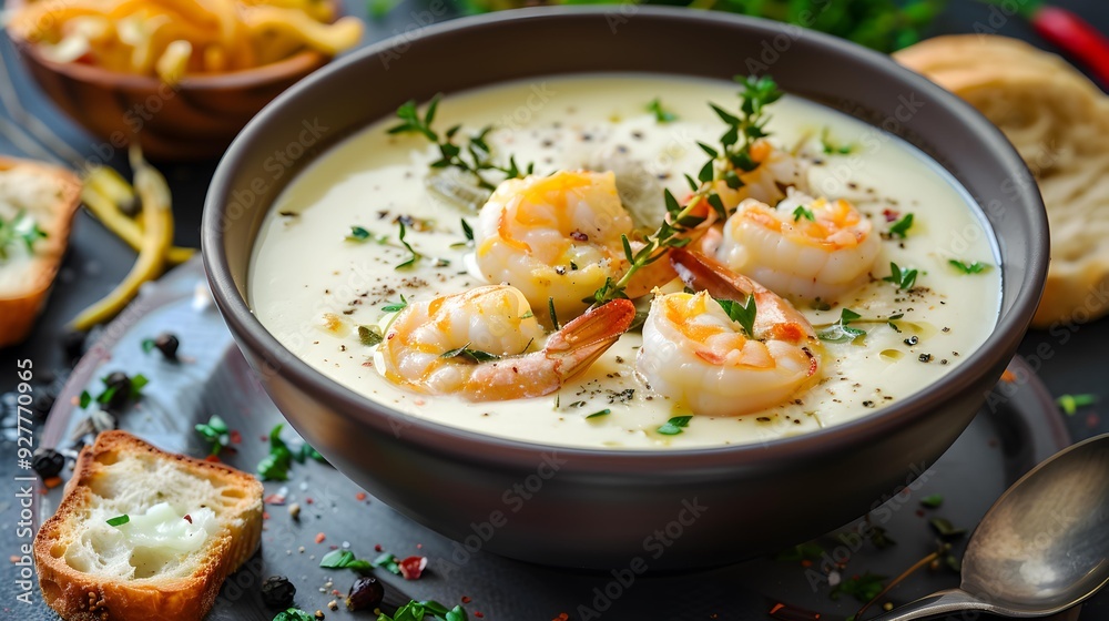 Soups cheese with shrimp and herbs served Soups cheese with shrimp and herbs served