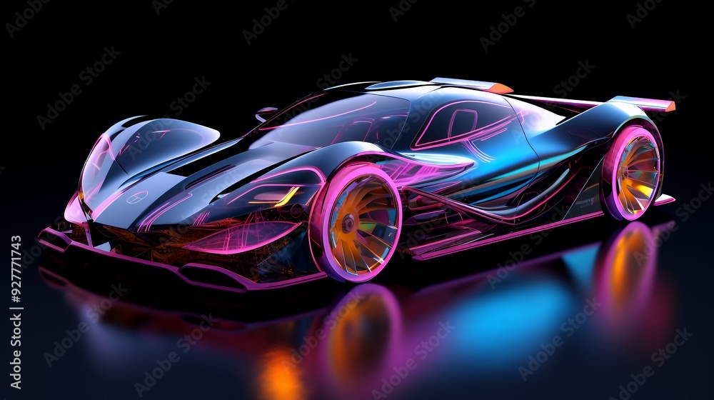 Futuristic, sleek, black sports car with pink, blue, and orange neon lights, reflecting on a black surface. Futuristic, sleek, black sports car with pink, blue, and orange neon lights, reflecting on a black surface.