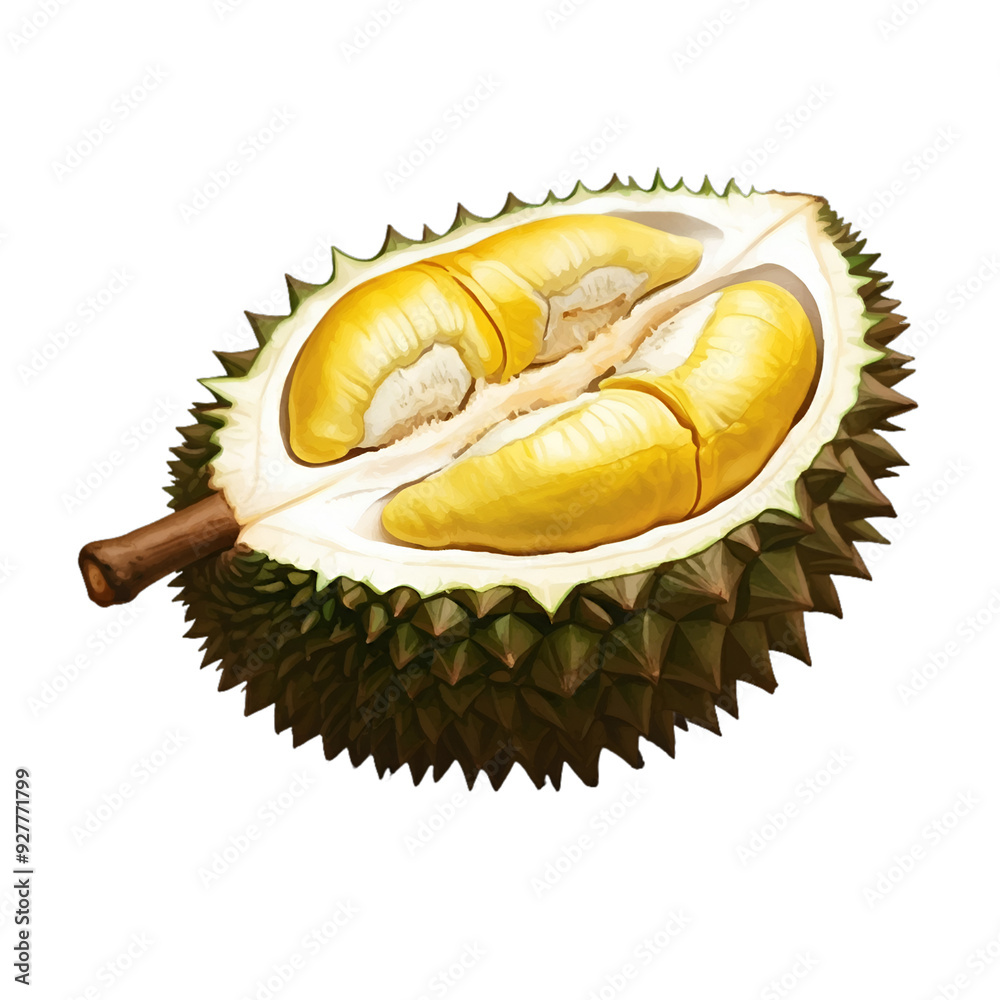 Fototapeta premium Illustration of a durian cut open to see the flesh.