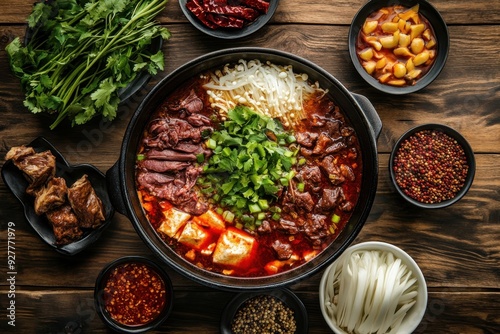 Bird's eye view of traditional sichuan hot pot served on rustic wood. Focus: chinese cuisine, hot pot experience, sichuan favorites, food photography