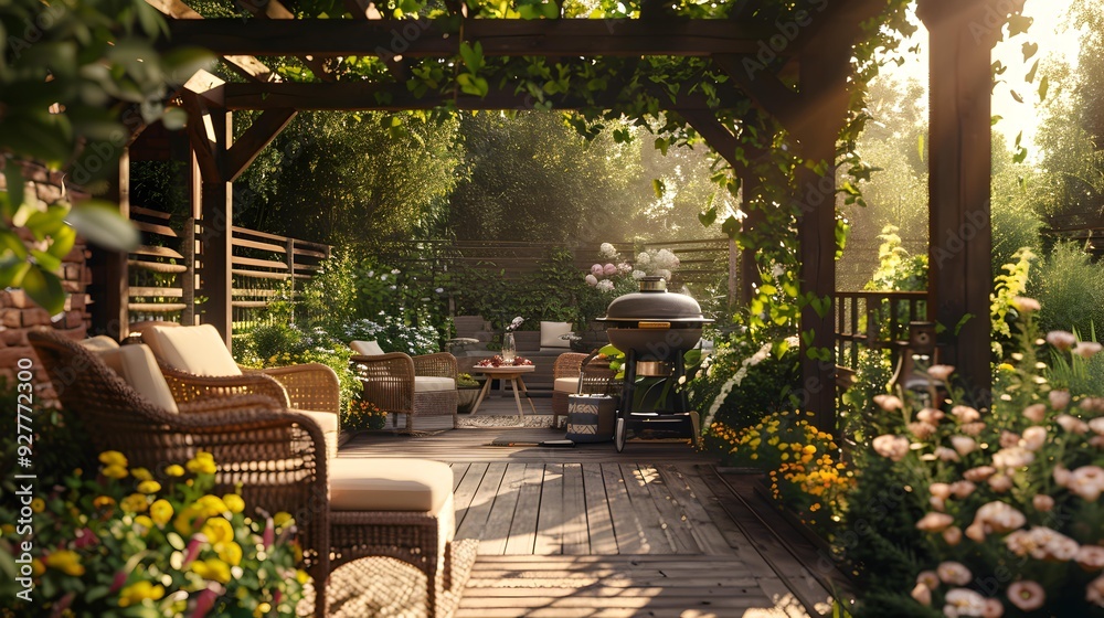 Obraz premium Terrace with barbecue elegant surrounded by greenery