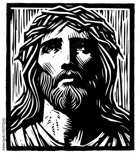 Jesus Christ head, portrait of the savior in wood engraving style, black vector for laser cutting