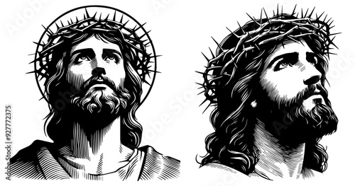 Jesus Christ looks up and has a crown of thorns on his head, silhouette sketch