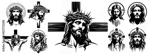 Jesus Christ on the cross martyred, a collection of black vectors on a Christian religious theme