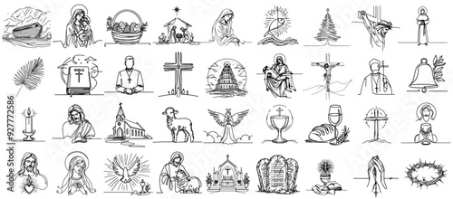 religious icons, christian theme, Jesus Bible Our Lady, big collection set vector black