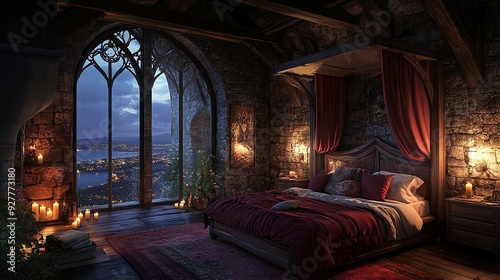 old fashioned castle bedroom with big windows on the left looking out over the twinkling city photo