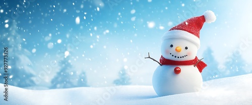 Smiling snowman wearing red hat and scarf with snow falling in the background.