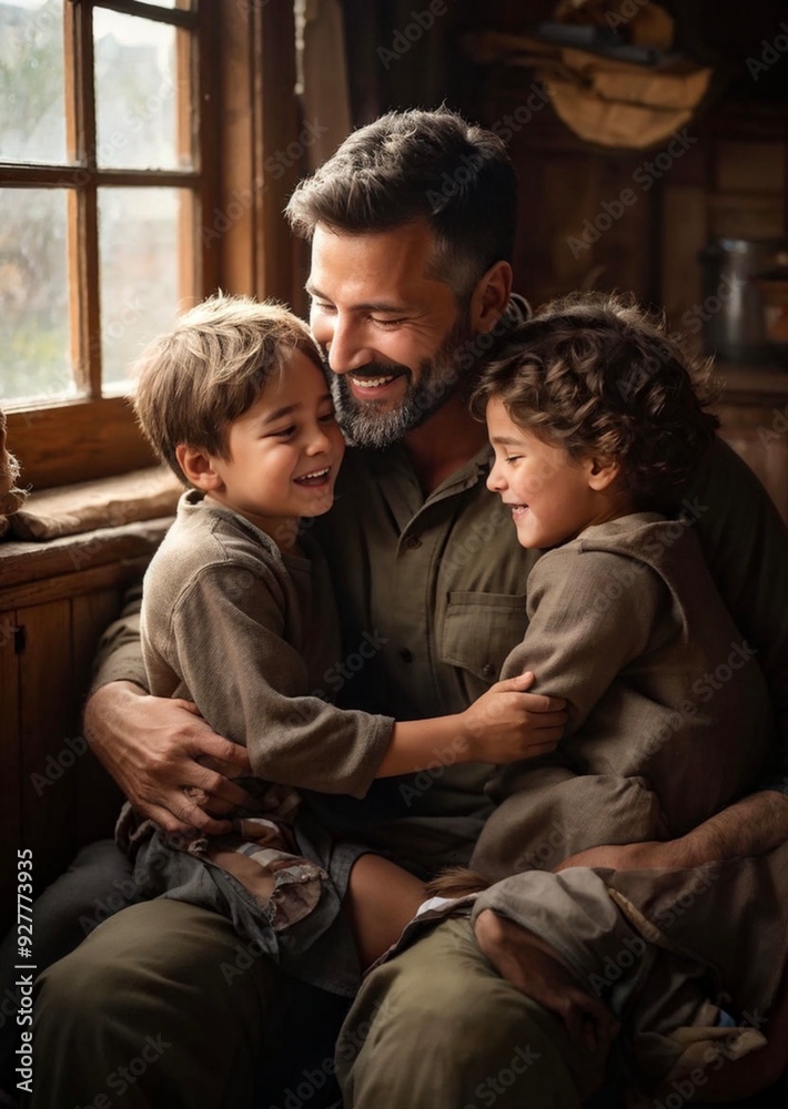 Father of the family hugging his children