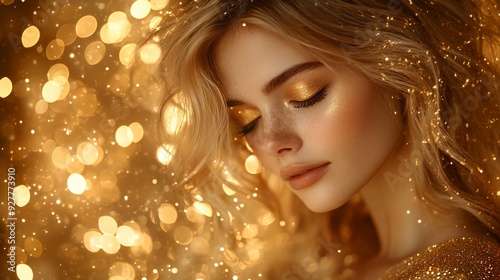 Closeup portrait of a beautiful woman with blonde hair and golden makeup against a sparkly background.