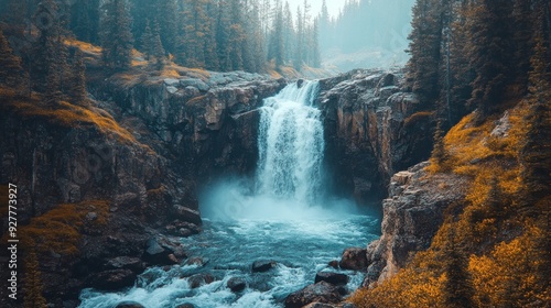 Majestic Waterfall Plunging Through Lush Forest