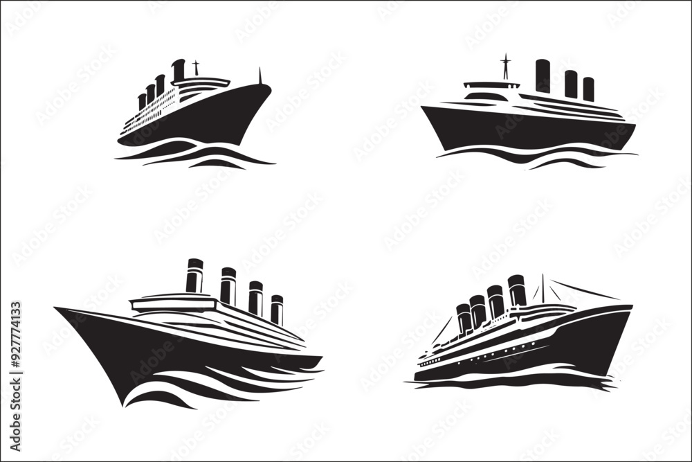 Elegant Black Ship Vector Silhouettes - Nautical Art Collection