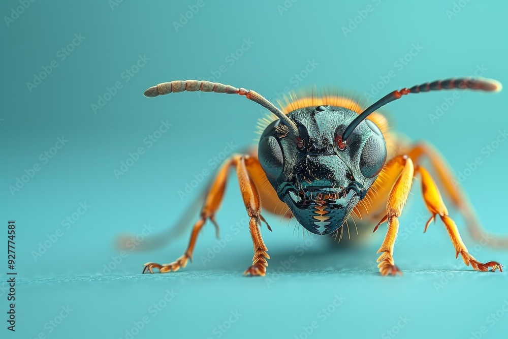 Fototapeta premium Macro Portrait of a Bee: A close-up, high-definition portrait of a bee, capturing intricate details of its eyes, antennae, and body, set against a soft blue background. This image evokes a sense of cu