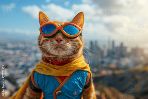 Superhero Cat with a View: A ginger cat in a blue and yellow costume with goggles looks out over a city skyline, embodying a sense of adventure and wonder. This image is perfect for showcasing individ photo