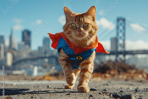Supercat Saves the City: A fearless ginger cat, adorned in a superhero cape, patrols the urban landscape, San Francisco's iconic skyline serving as a backdrop for this adorable feline hero.