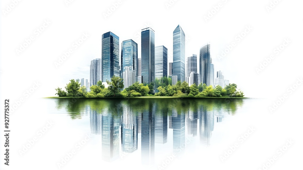 Eco city center skyline with skyscrapers, isolated on white background Eco city center skyline with skyscrapers, isolated on white background