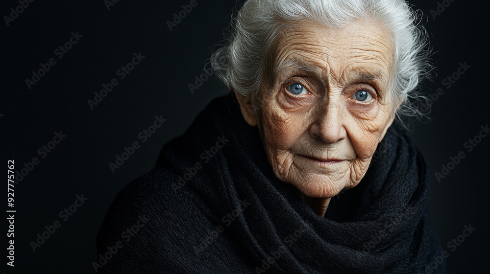 Elderly Woman with White Hair in Black Shawl, Calm and Wise