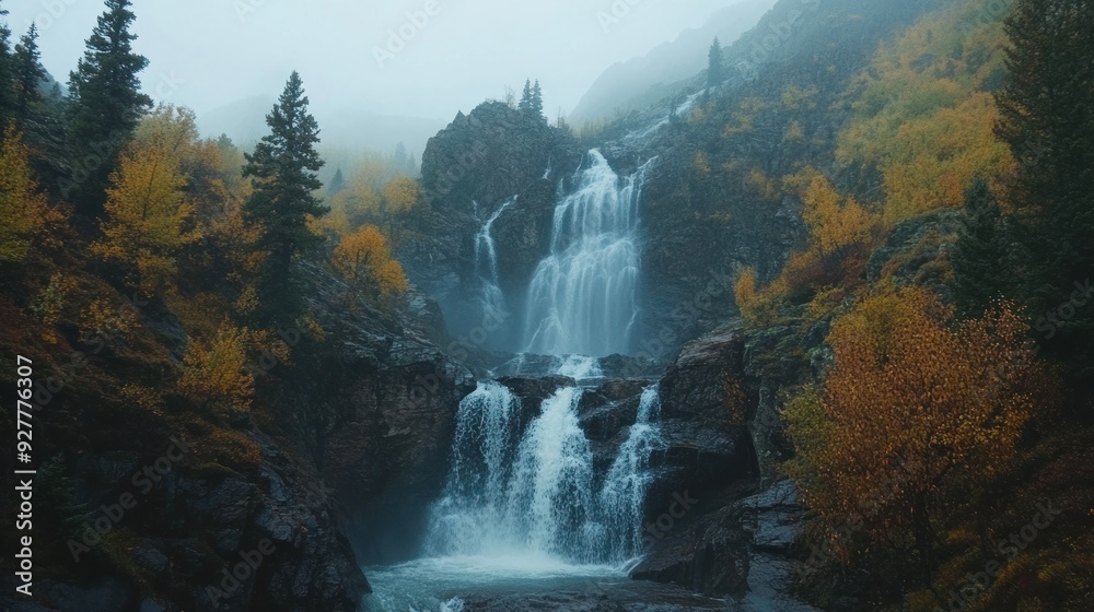 Majestic Waterfall in a Misty Forest Majestic Waterfall in a Misty Forest