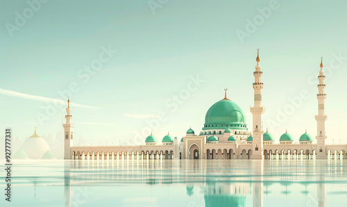 A poster for a mosque with a green dome and a mosque in the background. Milad un Nabi banner and Islamic background with Mawlid al Nabi celebration poster photo