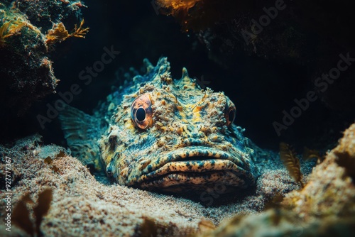 An elusive stonefish camouflaged among the harsh seabed environment photo