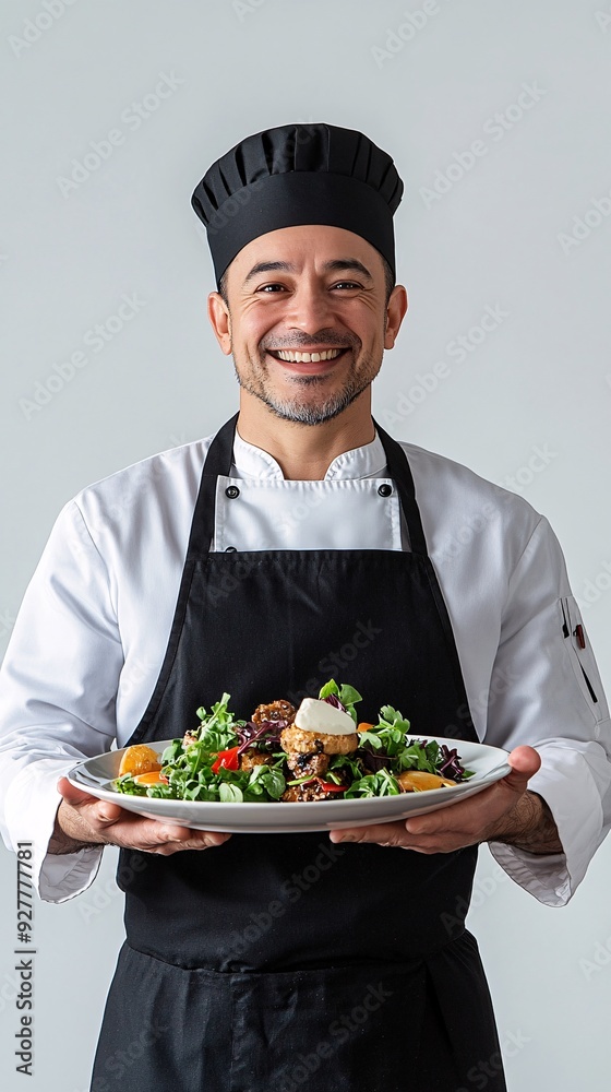 A smiling chef holding a beautifully garnished plate, showcasing culinary expertise with a light solid color background A smiling chef holding a beautifully garnished plate, showcasing culinary expertise with a light solid color background