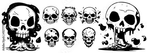 stylized skull designs featuring melting and cracked details