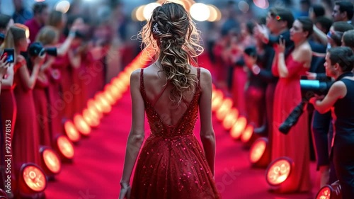 A celebrity couple arrives for a premiere, accompanied by paparazzi cameras and flashes.
