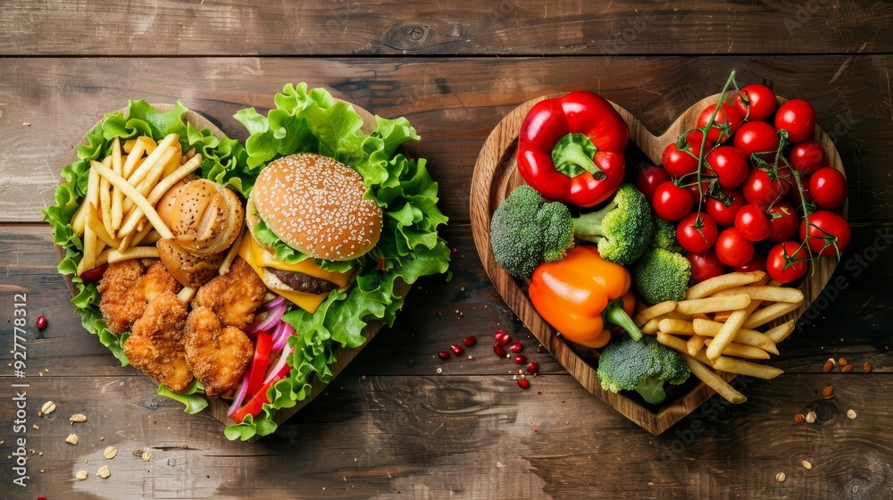 Two Heart Shapes Representing Health Choices with Fast Food and Produce Two Heart Shapes Representing Health Choices with Fast Food and Produce