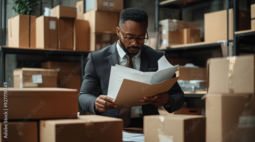 A customs broker reviewing shipping documents in a modern office setting, surrounded by boxes and shipping labels A customs broker reviewing shipping documents in a modern office setting, surrounded by boxes and shipping labels
