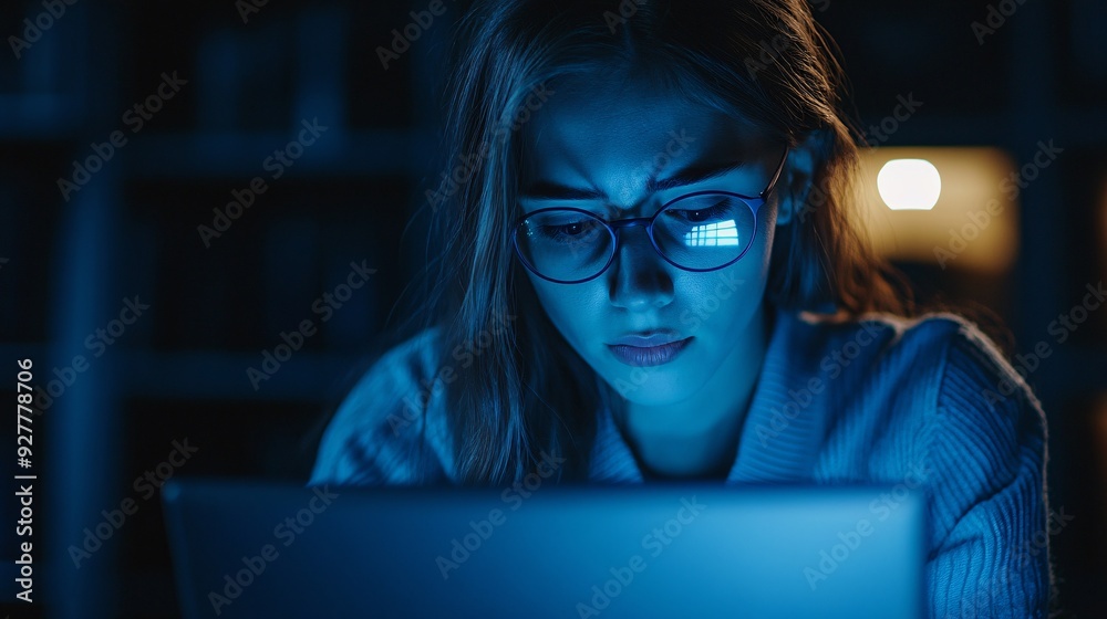 A focused cybercrime investigator analyzing digital evidence on a laptop in a dark room, with a blue light illuminating their face A focused cybercrime investigator analyzing digital evidence on a laptop in a dark room, with a blue light illuminating their face