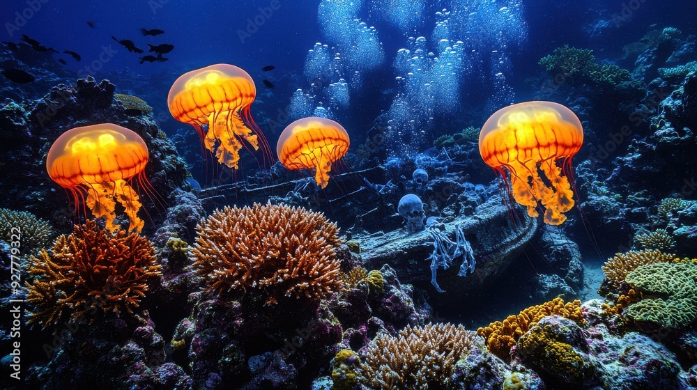 Stunning Underwater Scene with Glowing Jellyfish Among Colorful Coral ...