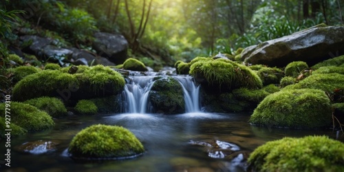 Natural waterfall with rocks and green moss waterfall Natural wallpaper.
