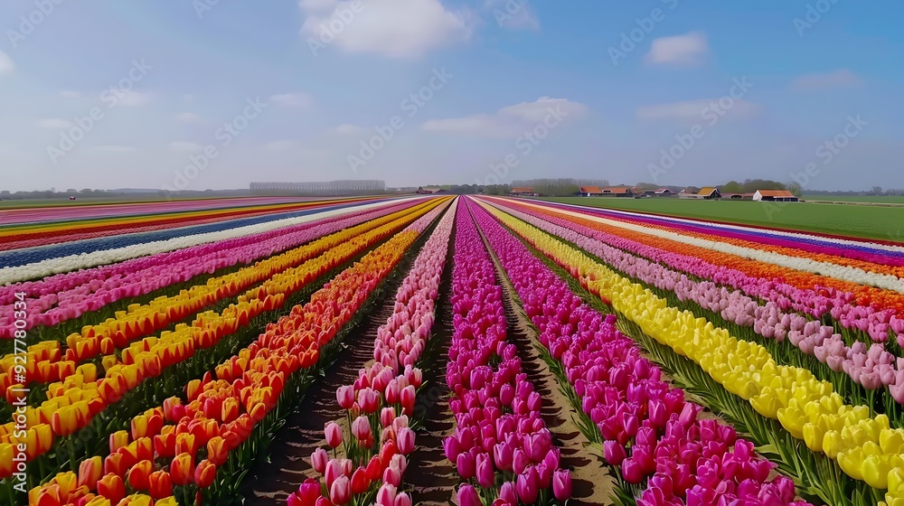 Flowers lush rows of tulips create asque