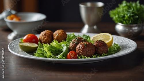 image space copy delightful a in garnish parsley and lettuce lemon with tray silver a on beautifully displayed dish Turkish traditional a Kofte Cig.