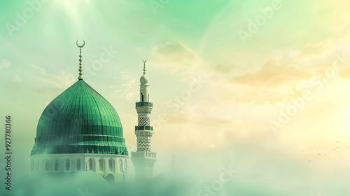 A poster for a mosque with a green dome and a mosque in the background. Milad un Nabi banner and Islamic background with Mawlid al Nabi celebration poster
