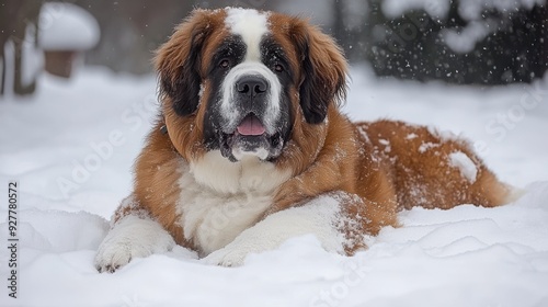 Saint Bernard dog relaxing in snowy outdoor landscape showcasing thick fur and gentle expression during a crisp winter day