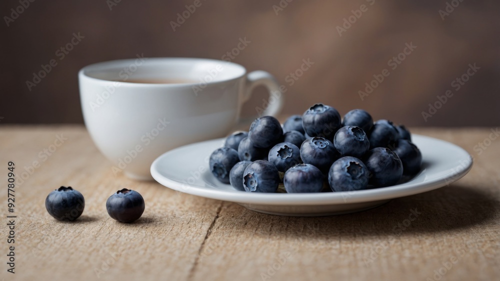saucer a on blueberries with tea of cup A. saucer a on blueberries with tea of cup A.